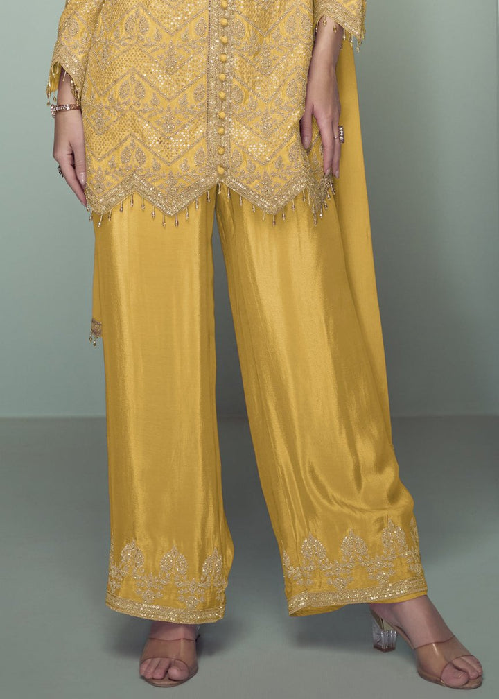 Canary Yellow Chinon Silk Embroidered Top with Matching Trousers - House of Sarvati LLC