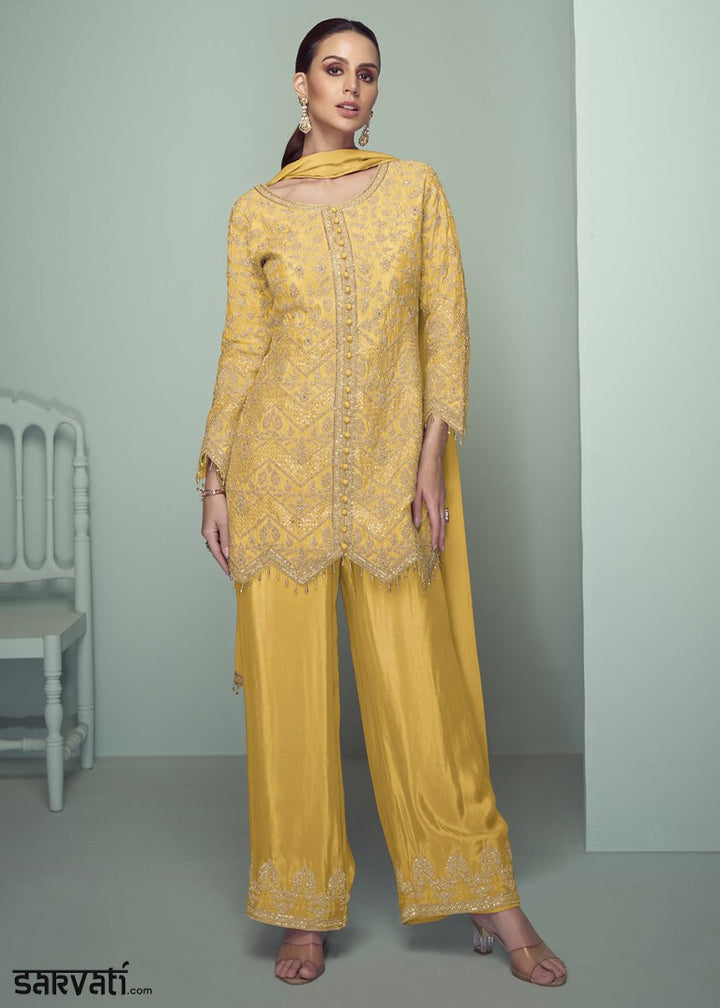 Canary Yellow Chinon Silk Embroidered Top with Matching Trousers - House of Sarvati LLC