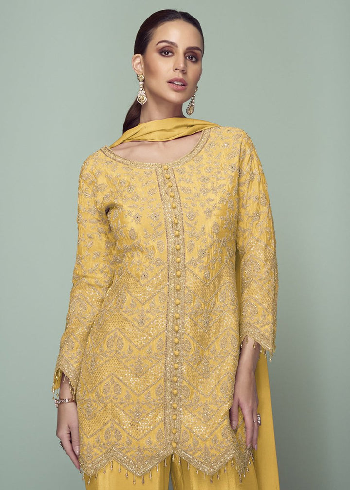 Canary Yellow Chinon Silk Embroidered Top with Matching Trousers - House of Sarvati LLC