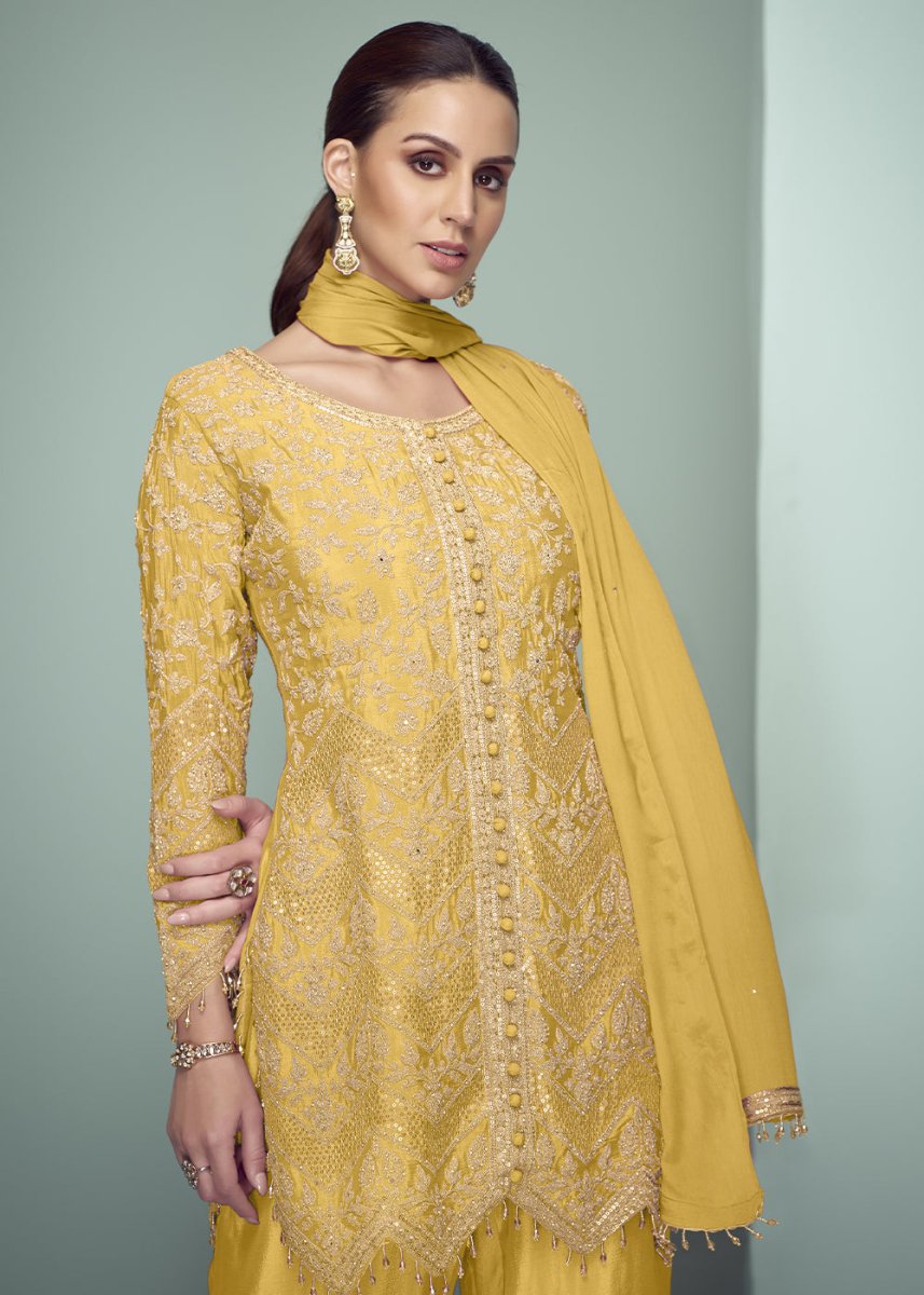 Canary Yellow Chinon Silk Embroidered Top with Matching Trousers - House of Sarvati LLC