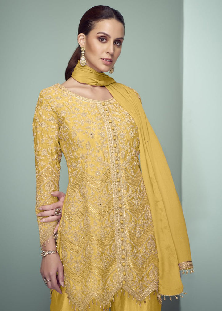 Canary Yellow Chinon Silk Embroidered Top with Matching Trousers - House of Sarvati LLC