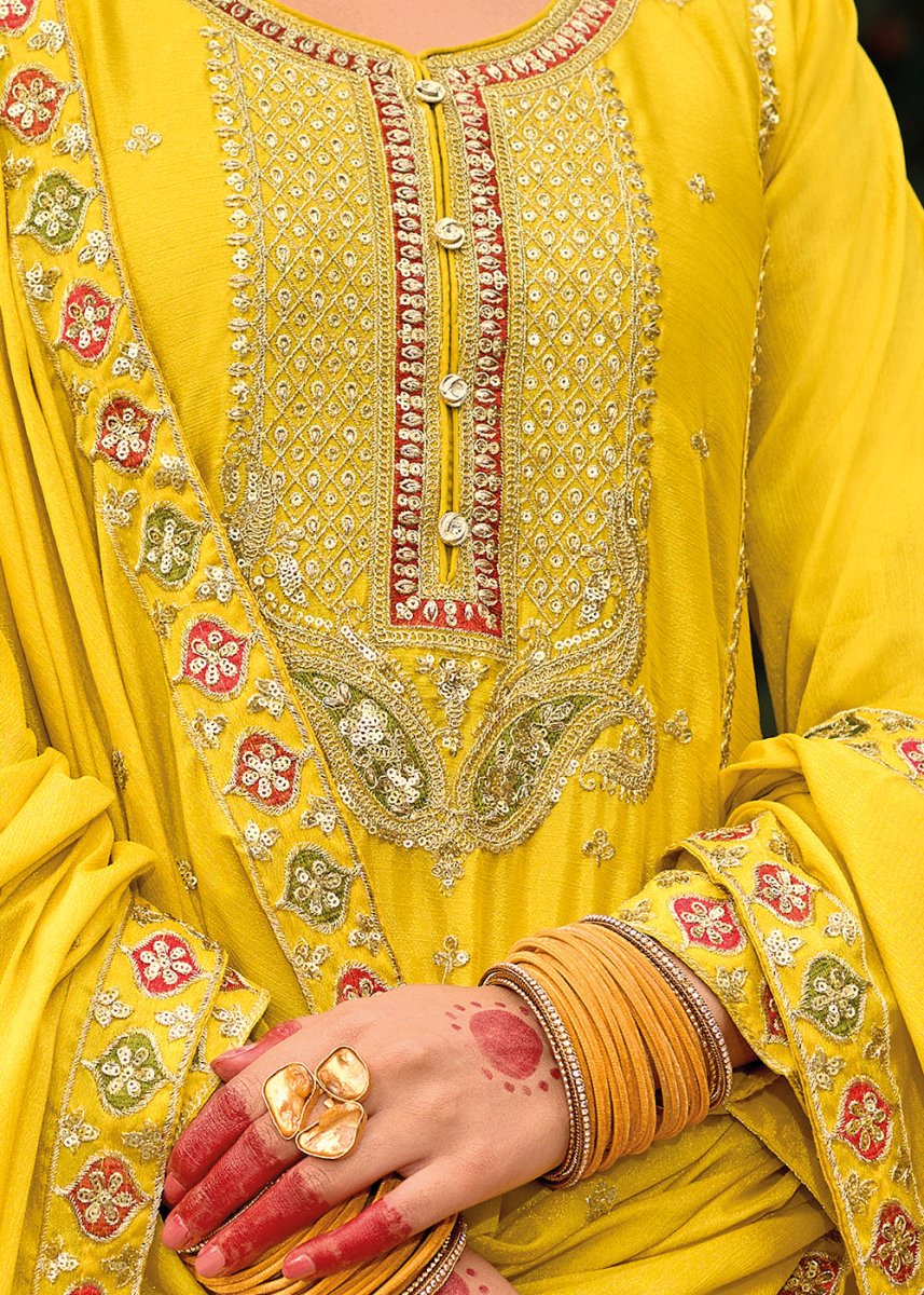 Canary Yellow Chinon Silk Palazzo Suit with Intricate Embroidery - Eid Edition - House of Sarvati LLC