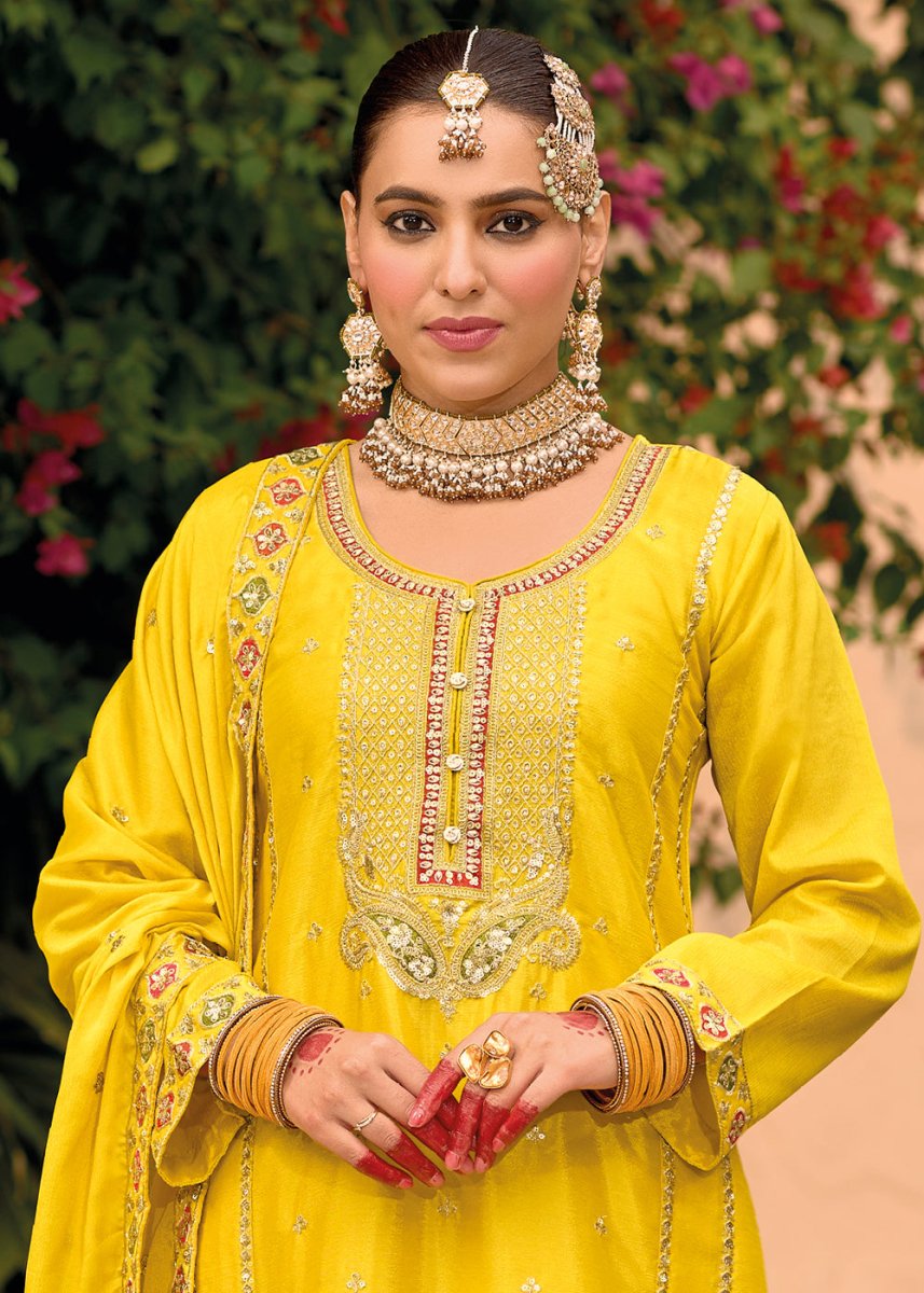 Canary Yellow Chinon Silk Palazzo Suit with Intricate Embroidery - Eid Edition - House of Sarvati LLC