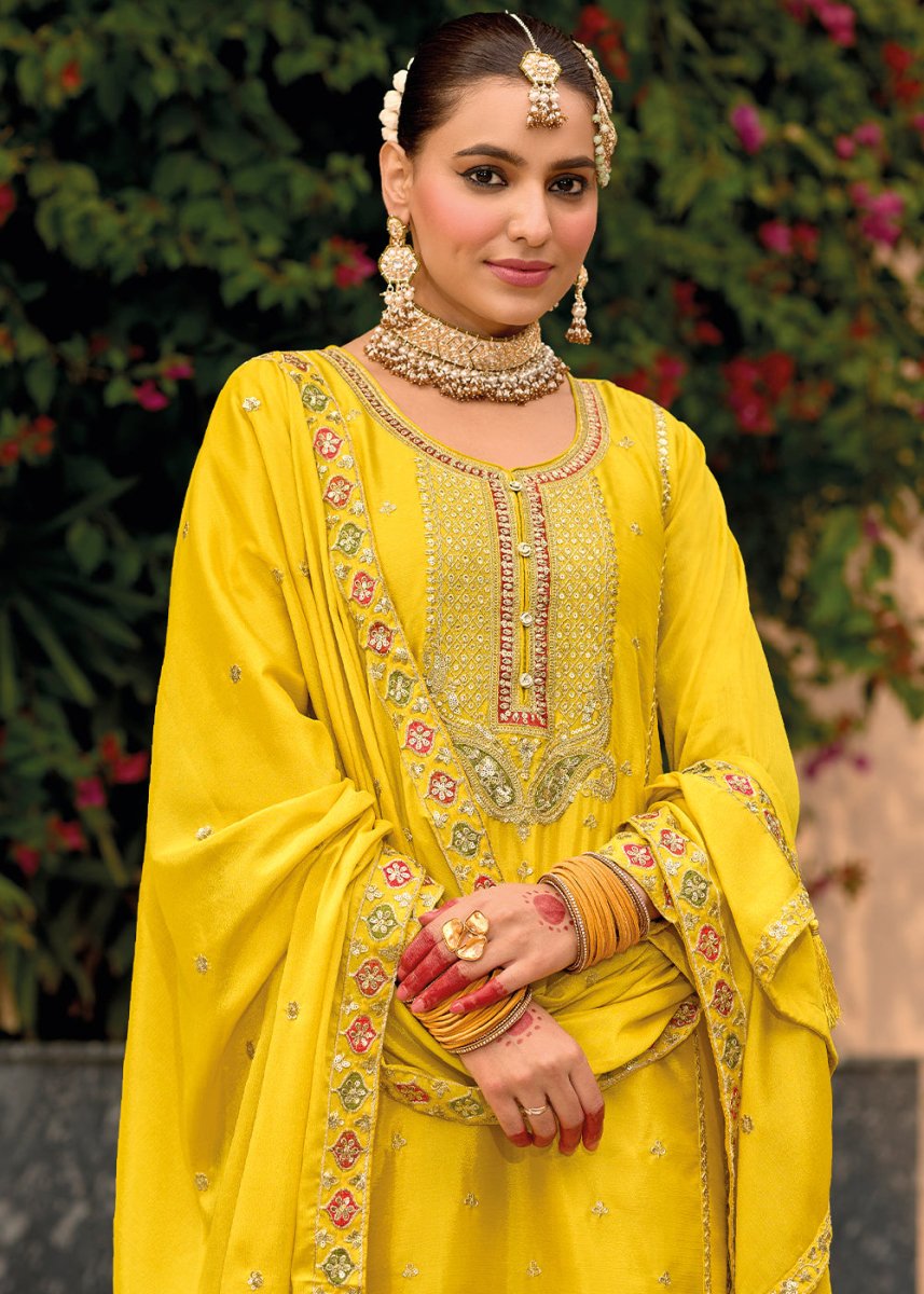 Canary Yellow Chinon Silk Palazzo Suit with Intricate Embroidery - Eid Edition - House of Sarvati LLC