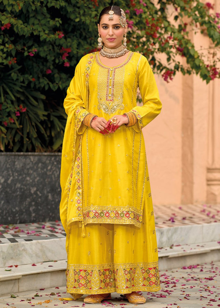 Canary Yellow Chinon Silk Palazzo Suit with Intricate Embroidery - Eid Edition - House of Sarvati LLC