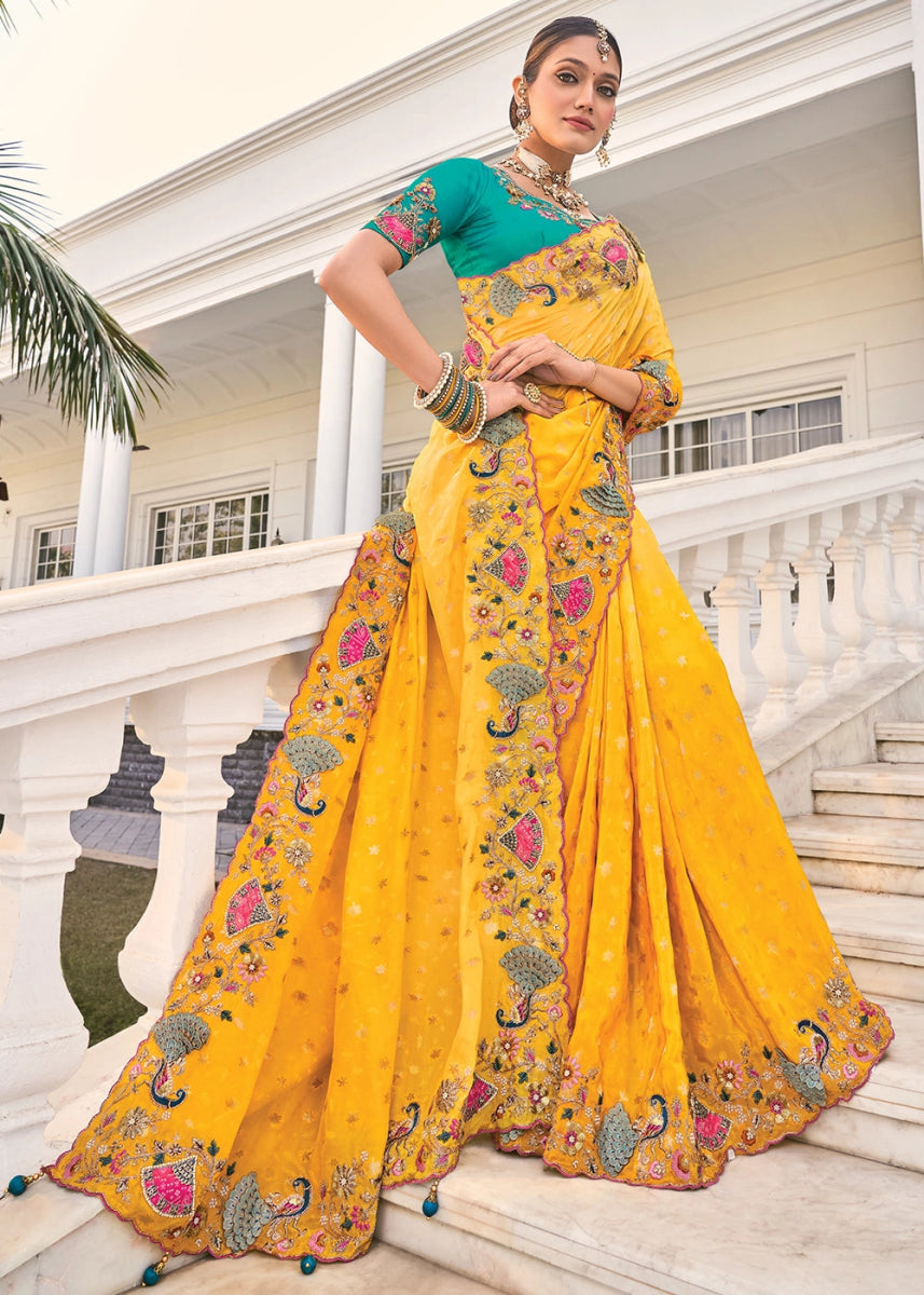 Canary Yellow Crepe Silk Saree with Moti & Cut - Dana Mirror Detailing - House of Sarvati LLC