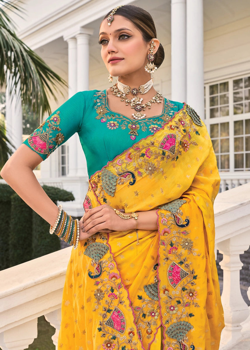 Canary Yellow Crepe Silk Saree with Moti & Cut - Dana Mirror Detailing - House of Sarvati LLC