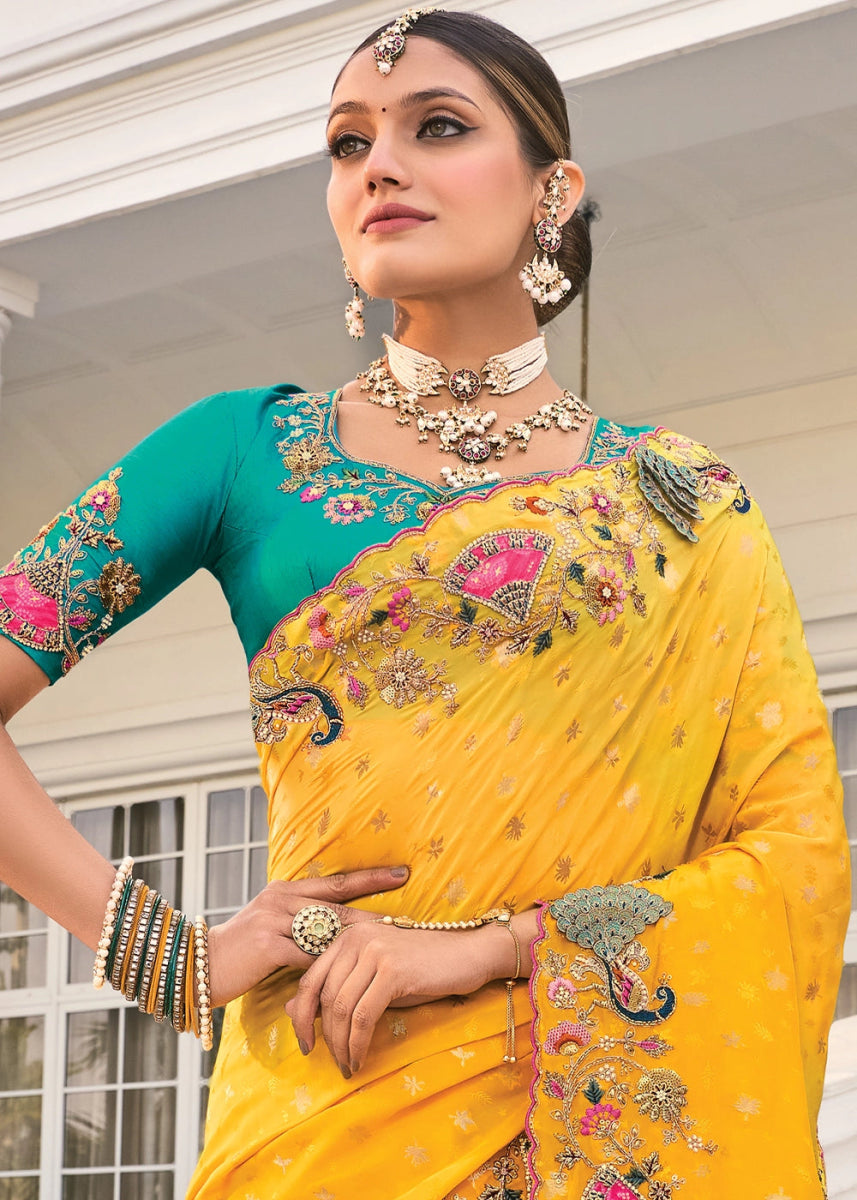 Canary Yellow Crepe Silk Saree with Moti & Cut - Dana Mirror Detailing - House of Sarvati LLC