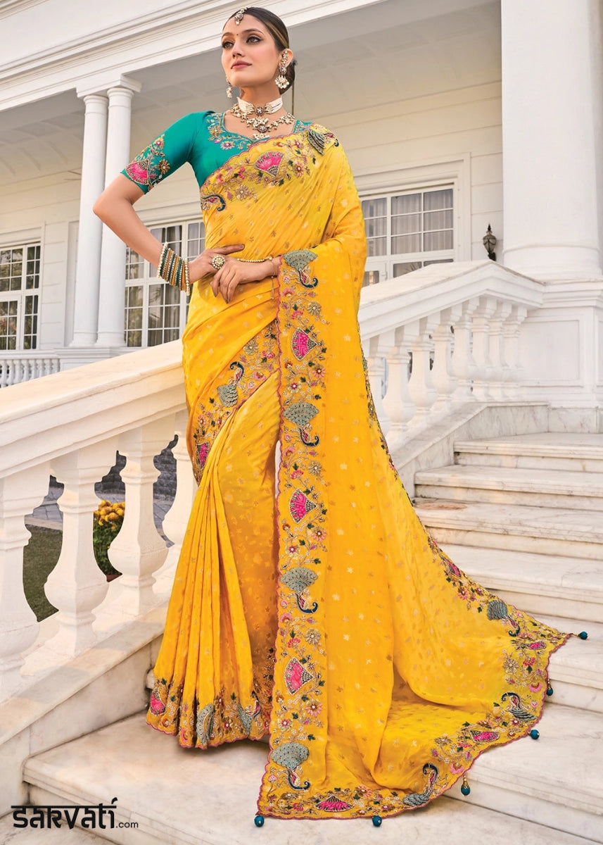 Canary Yellow Crepe Silk Saree with Moti & Cut - Dana Mirror Detailing - House of Sarvati LLC