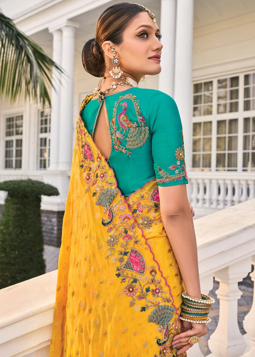 Canary Yellow Crepe Silk Saree with Moti & Cut - Dana Mirror Detailing - House of Sarvati LLC