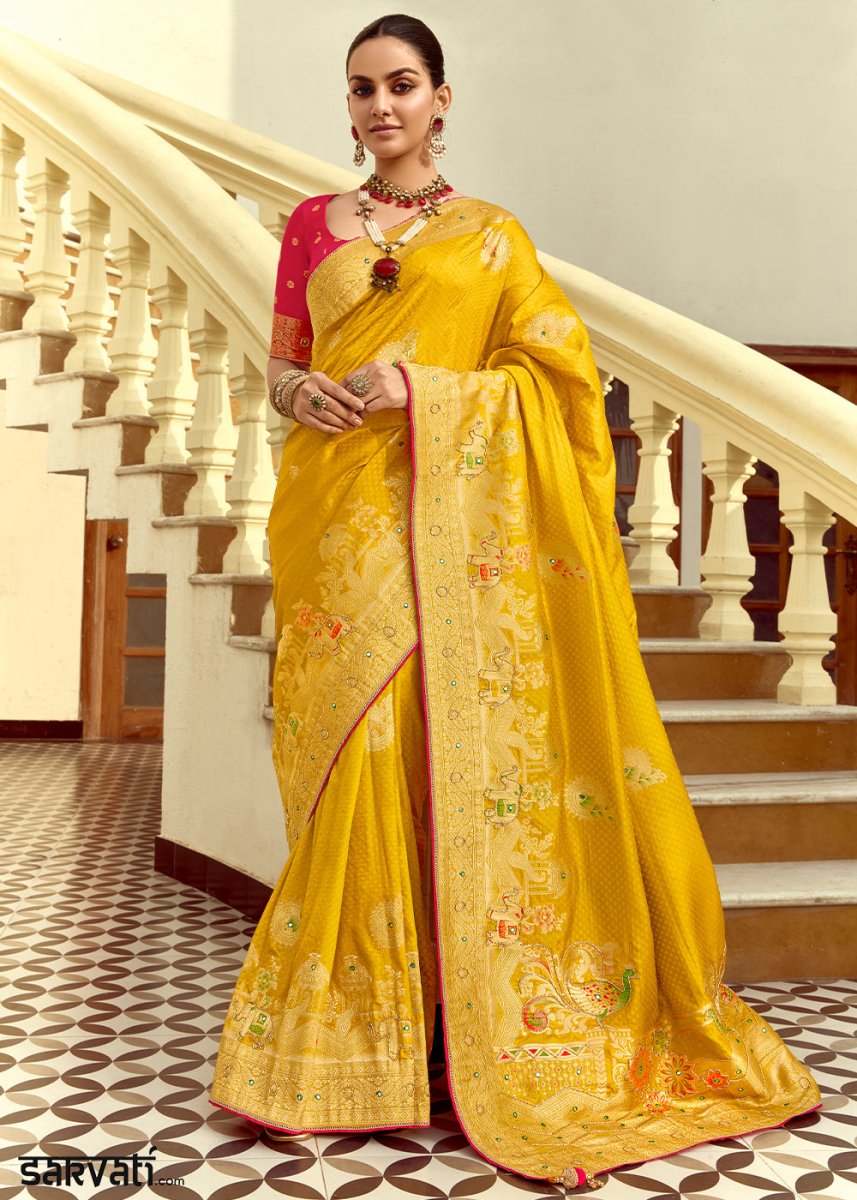 Canary Yellow Dola Silk Saree Featuring Zari Weave And Intricate Handwork With Cut Dana - House of Sarvati LLC