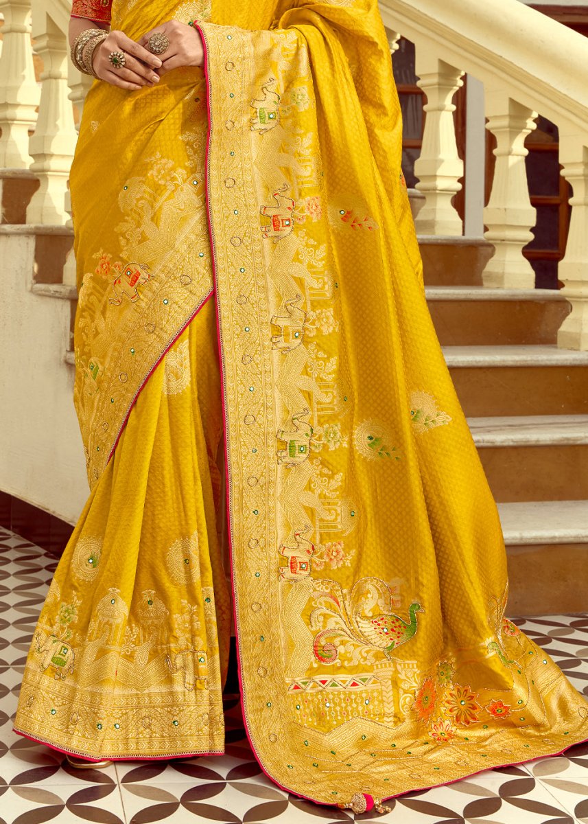 Canary Yellow Dola Silk Saree Featuring Zari Weave And Intricate Handwork With Cut Dana - House of Sarvati LLC