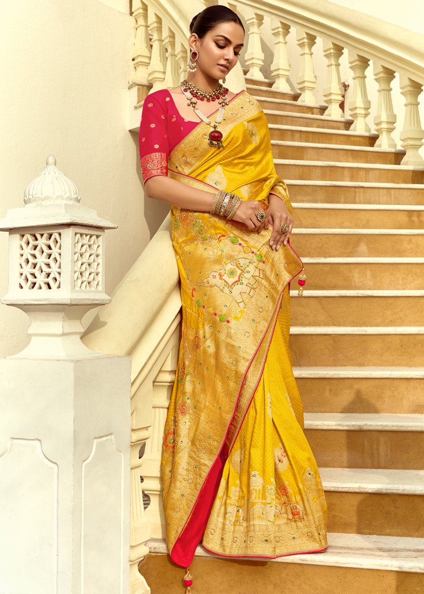 Canary Yellow Dola Silk Saree Featuring Zari Weave And Intricate Handwork With Cut Dana - House of Sarvati LLC