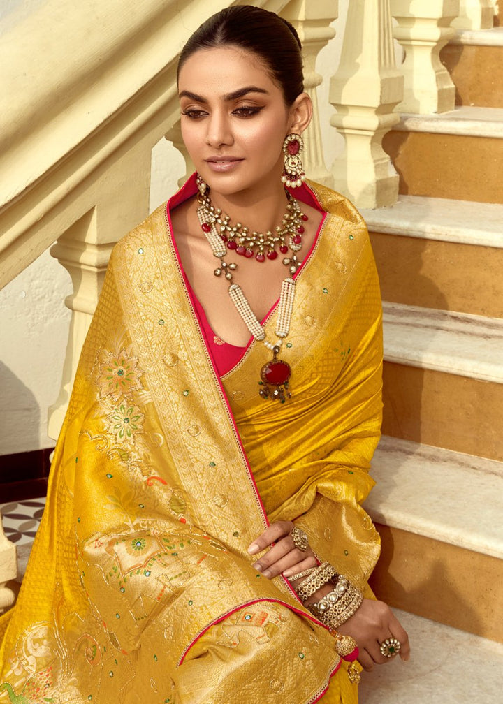Canary Yellow Dola Silk Saree Featuring Zari Weave And Intricate Handwork With Cut Dana - House of Sarvati LLC