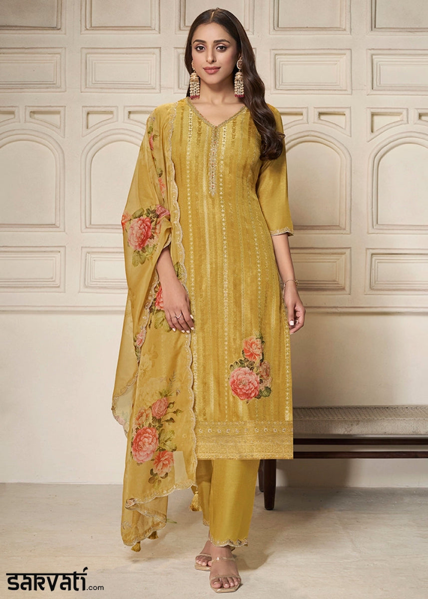 Canary Yellow Dola Silk Sharara Suit with Intricate Jacquard Detailing - House of Sarvati LLC
