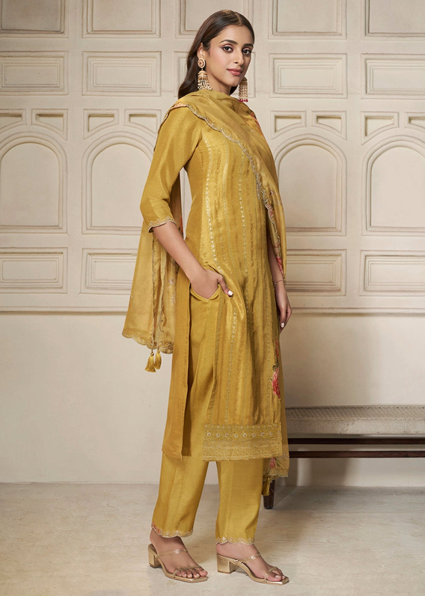 Canary Yellow Dola Silk Sharara Suit with Intricate Jacquard Detailing - House of Sarvati LLC