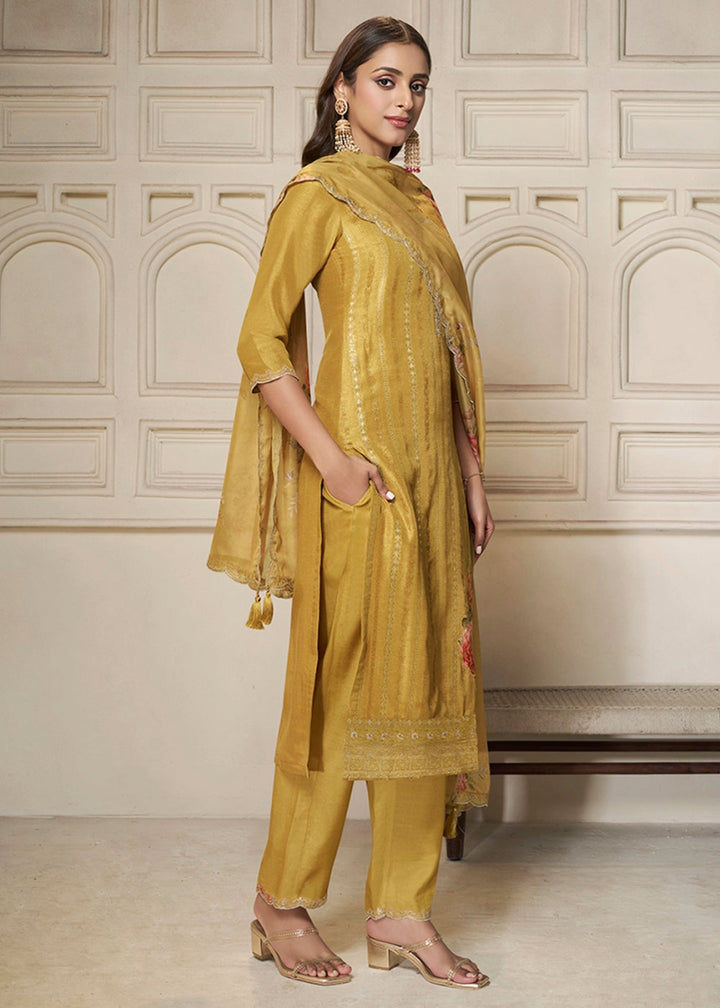 Canary Yellow Dola Silk Sharara Suit with Intricate Jacquard Detailing - House of Sarvati LLC