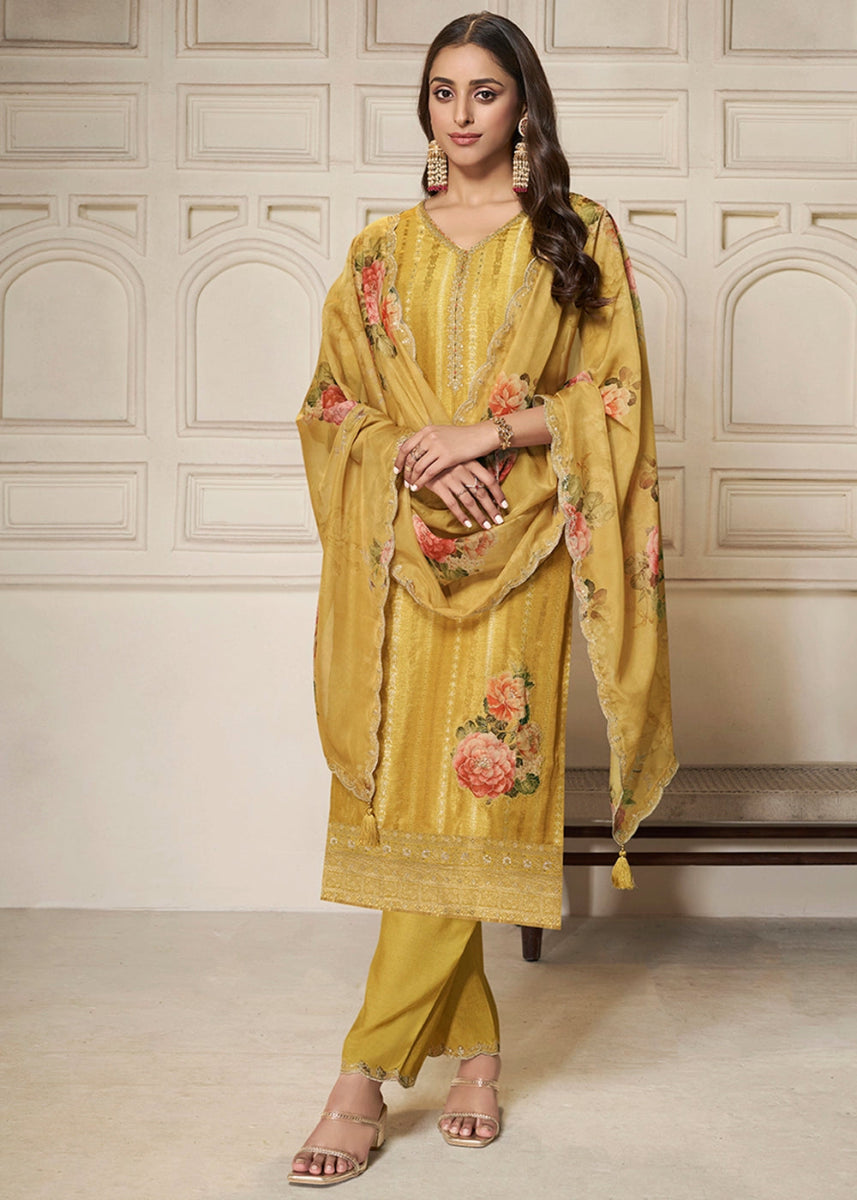 Canary Yellow Dola Silk Sharara Suit with Intricate Jacquard Detailing - House of Sarvati LLC