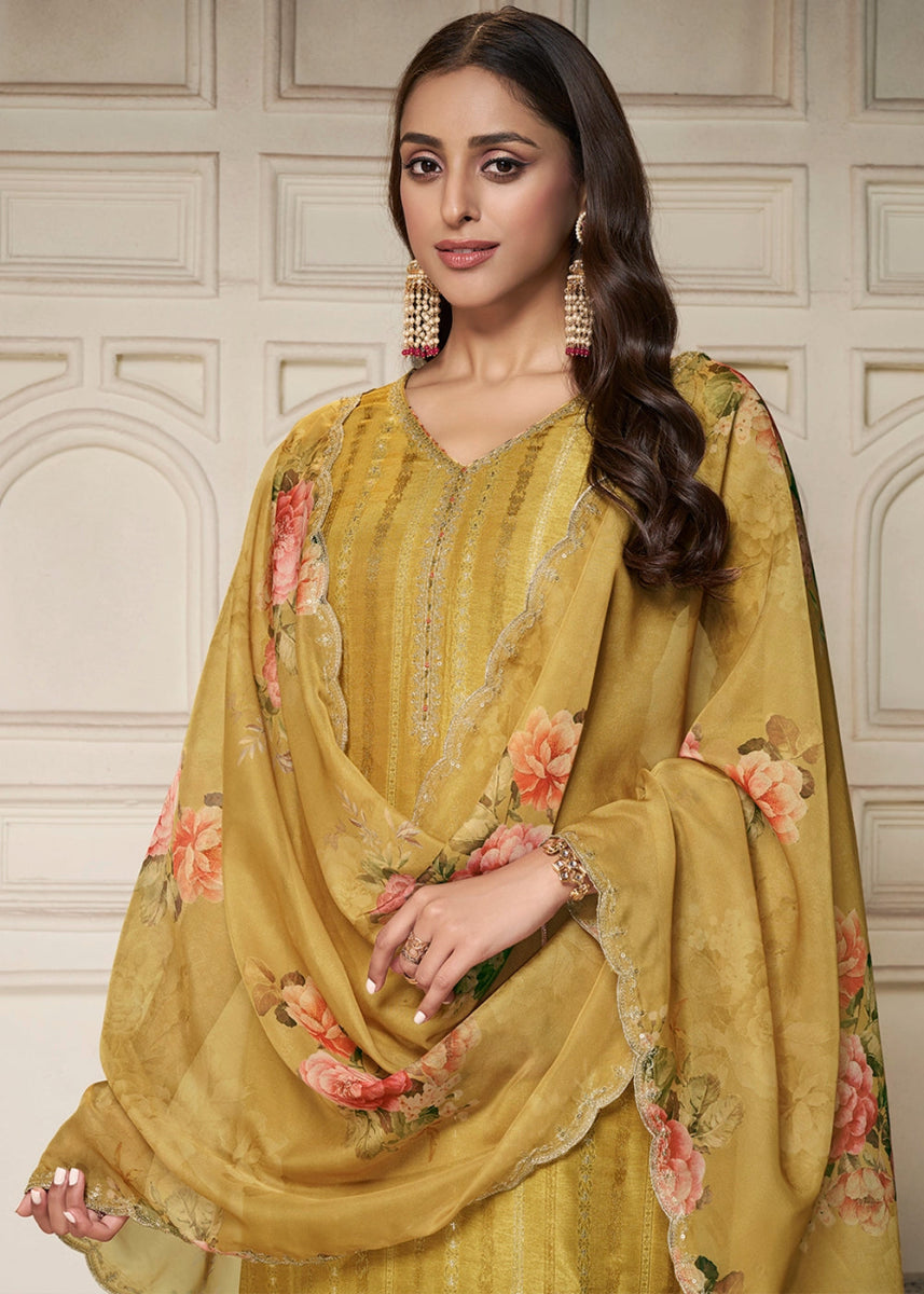 Canary Yellow Dola Silk Sharara Suit with Intricate Jacquard Detailing - House of Sarvati LLC