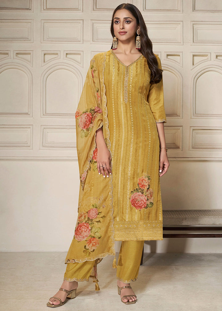 Canary Yellow Dola Silk Sharara Suit with Intricate Jacquard Detailing - House of Sarvati LLC