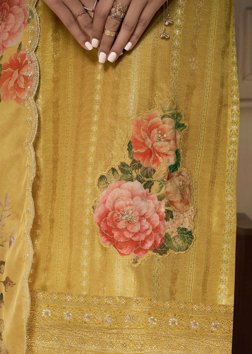 Canary Yellow Dola Silk Sharara Suit with Intricate Jacquard Detailing - House of Sarvati LLC