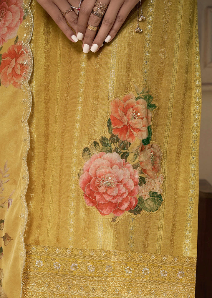 Canary Yellow Dola Silk Sharara Suit with Intricate Jacquard Detailing - House of Sarvati LLC