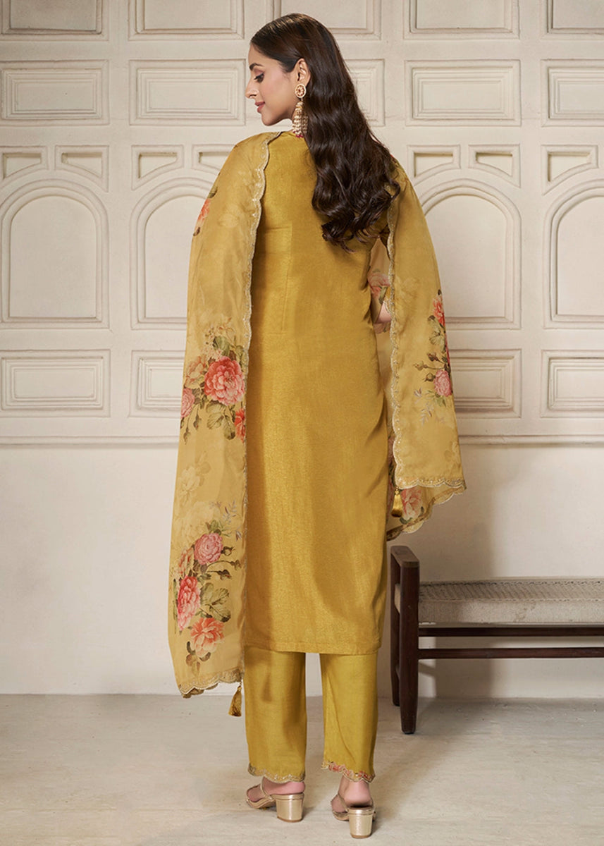 Canary Yellow Dola Silk Sharara Suit with Intricate Jacquard Detailing - House of Sarvati LLC