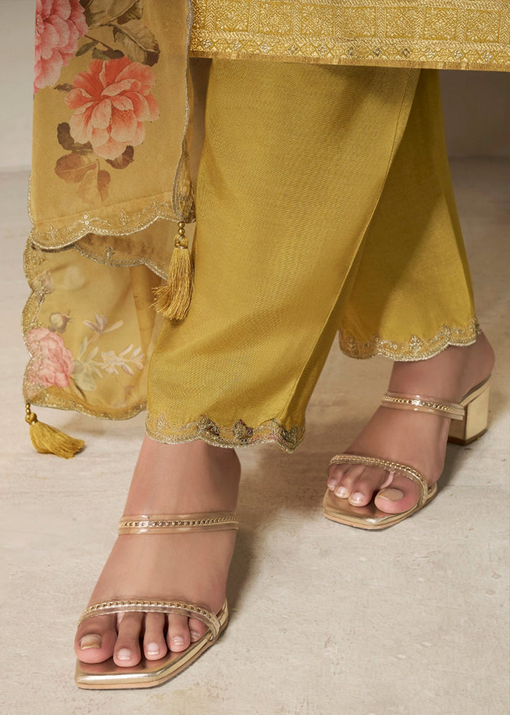 Canary Yellow Dola Silk Sharara Suit with Intricate Jacquard Detailing - House of Sarvati LLC