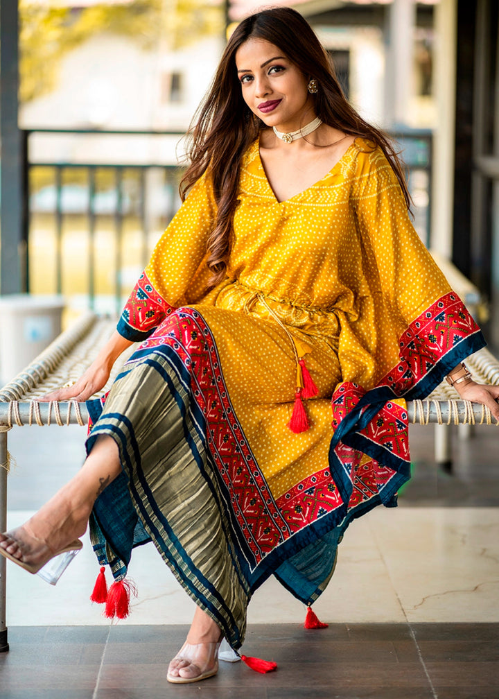 Canary Yellow Gaji Silk Kaftan with Gota Patti Lace and All - Over Bandhani Digital Print - House of Sarvati LLC
