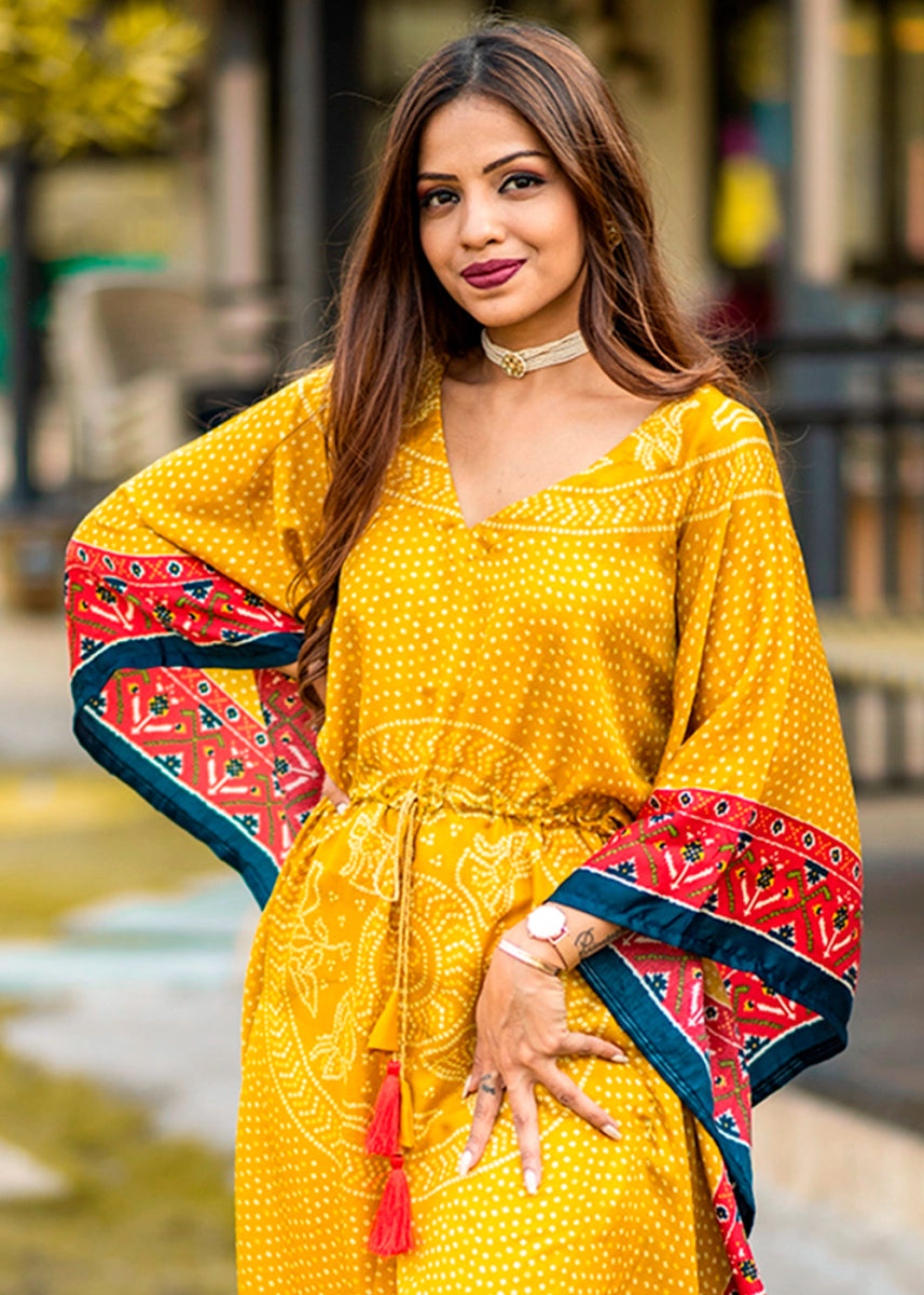 Canary Yellow Gaji Silk Kaftan with Gota Patti Lace and All - Over Bandhani Digital Print - House of Sarvati LLC