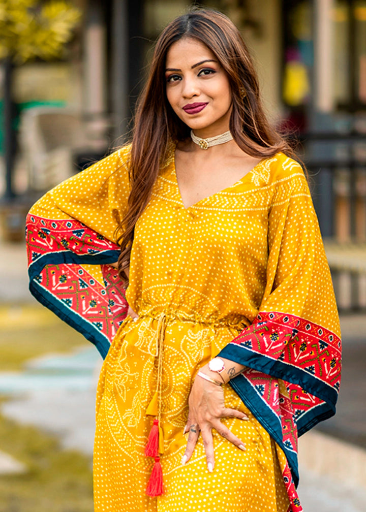 Canary Yellow Gaji Silk Kaftan with Gota Patti Lace and All - Over Bandhani Digital Print - House of Sarvati LLC