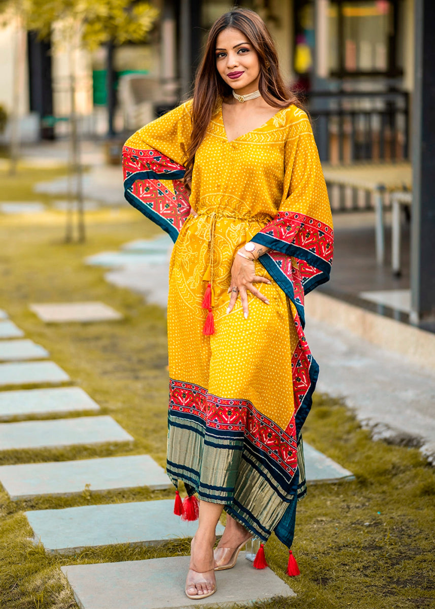 Canary Yellow Gaji Silk Kaftan with Gota Patti Lace and All - Over Bandhani Digital Print - House of Sarvati LLC