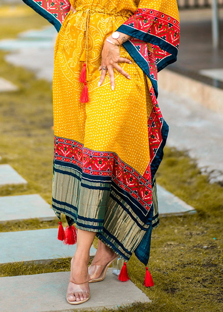 Canary Yellow Gaji Silk Kaftan with Gota Patti Lace and All - Over Bandhani Digital Print - House of Sarvati LLC
