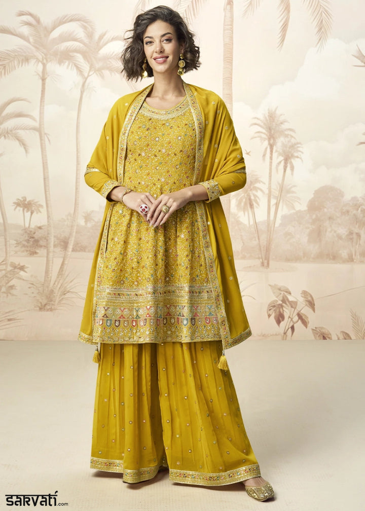Canary Yellow Georgette Palazzo Set with Intricate Embroidery work - House of Sarvati LLC