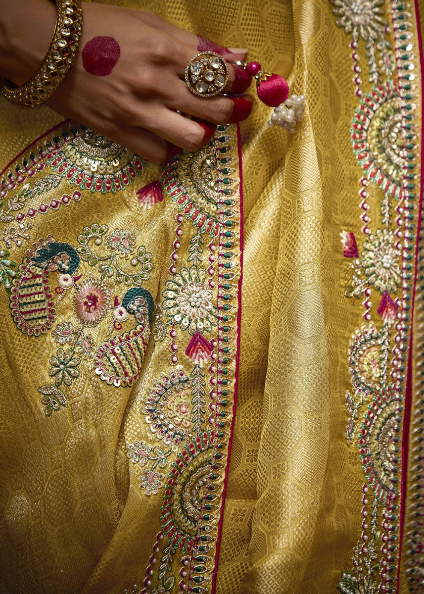 Canary Yellow Kanjivaram Silk Saree with Intricate Zari, Khatli, Sequin & Pearl Embroidery - House of Sarvati LLC