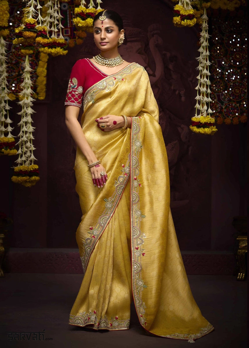 Canary Yellow Kanjivaram Silk Saree with Intricate Zari, Khatli, Sequin & Pearl Embroidery - House of Sarvati LLC