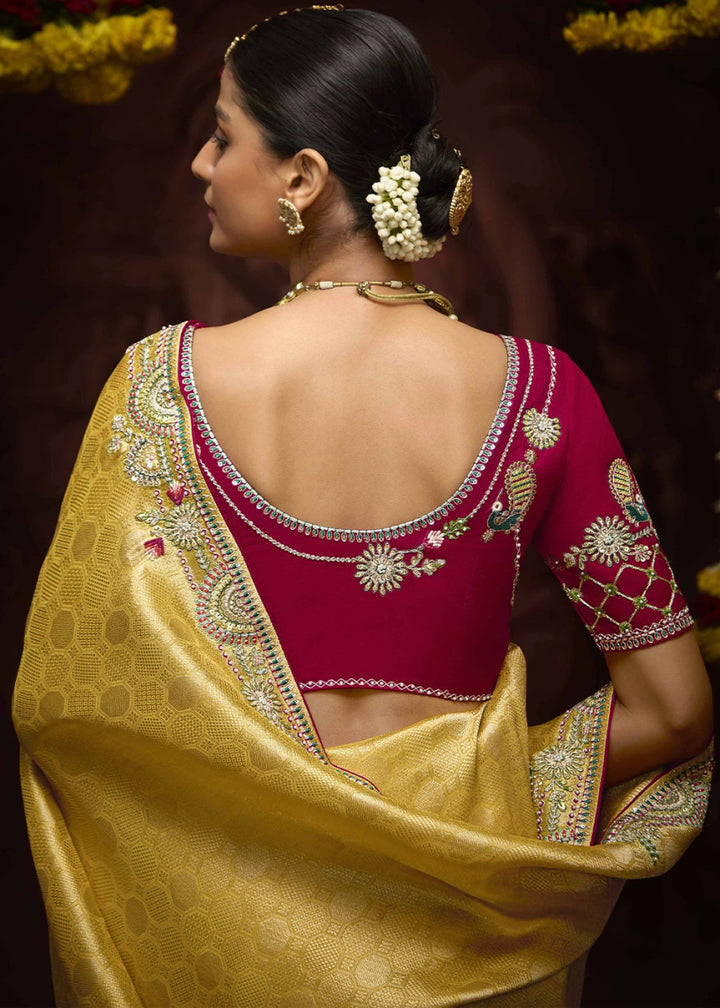 Canary Yellow Kanjivaram Silk Saree with Intricate Zari, Khatli, Sequin & Pearl Embroidery - House of Sarvati LLC