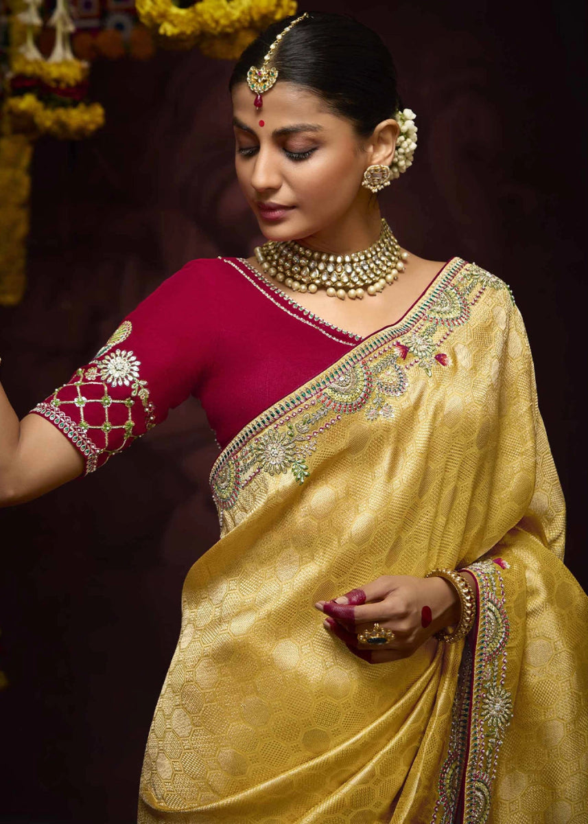 Canary Yellow Kanjivaram Silk Saree with Intricate Zari, Khatli, Sequin & Pearl Embroidery - House of Sarvati LLC