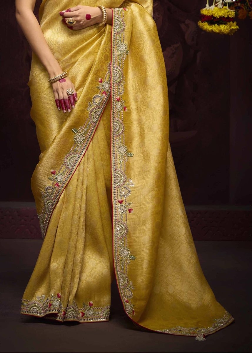 Canary Yellow Kanjivaram Silk Saree with Intricate Zari, Khatli, Sequin & Pearl Embroidery - House of Sarvati LLC