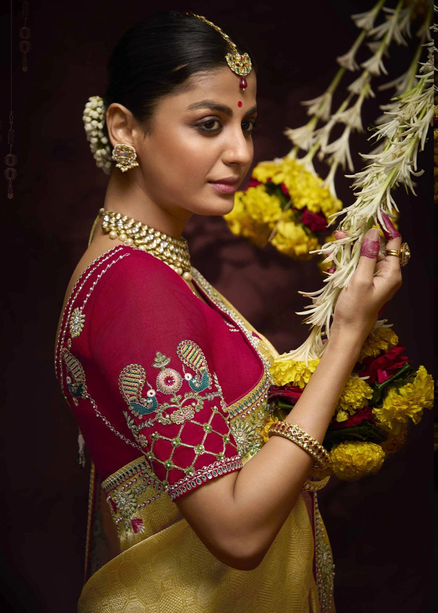 Canary Yellow Kanjivaram Silk Saree with Intricate Zari, Khatli, Sequin & Pearl Embroidery - House of Sarvati LLC