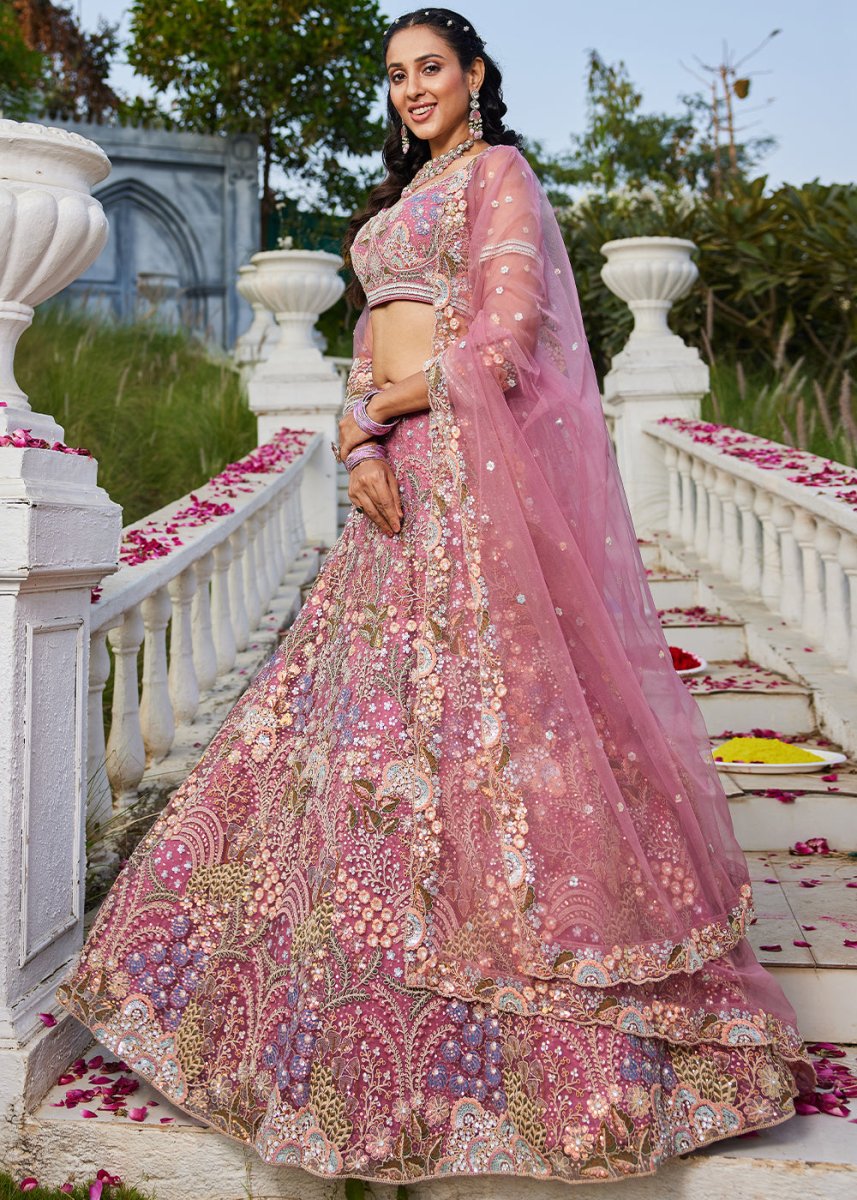 Candy Pink Net Lehenga Choli with Coding & Zarkan Work - House of Sarvati LLC