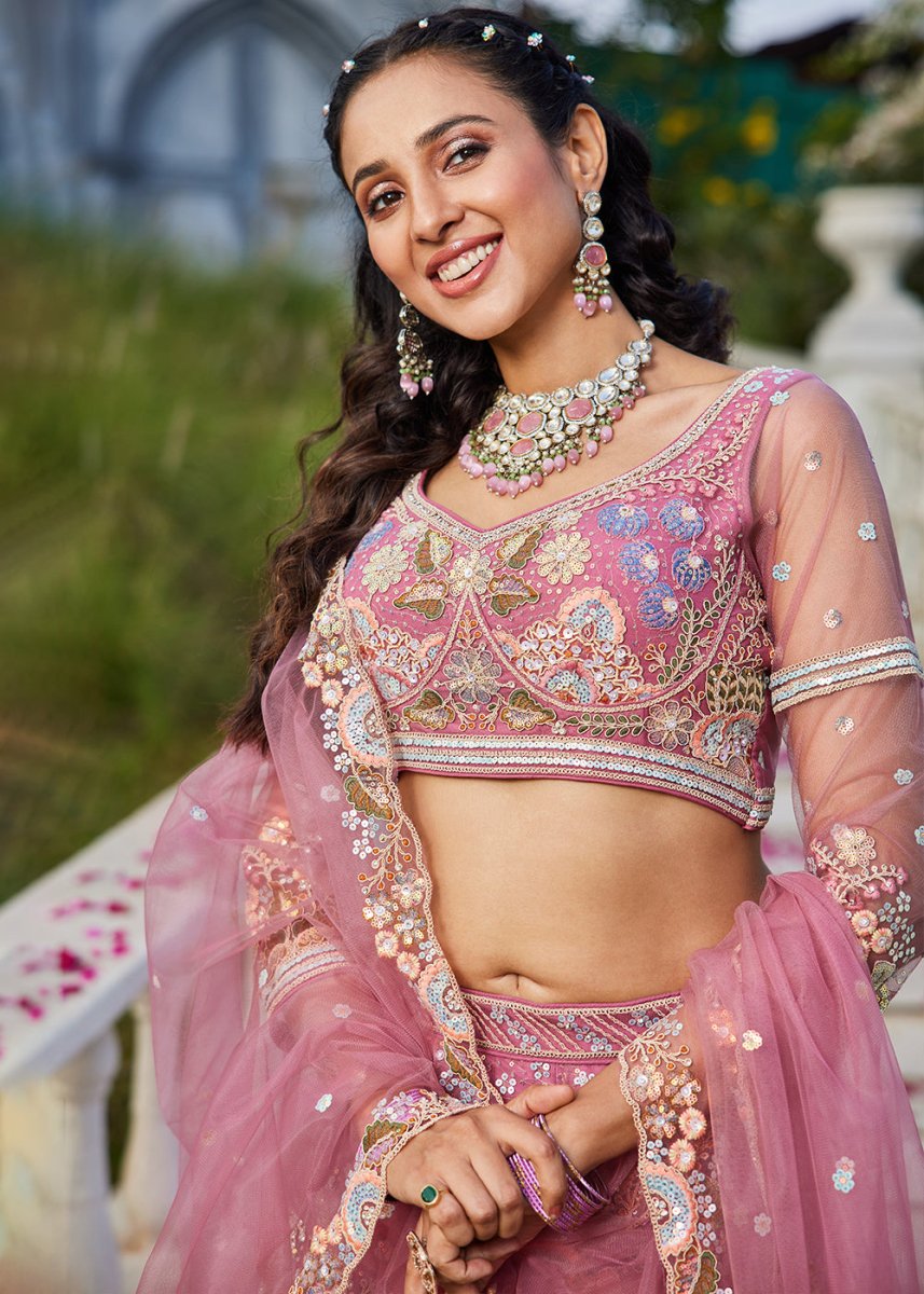Candy Pink Net Lehenga Choli with Coding & Zarkan Work - House of Sarvati LLC