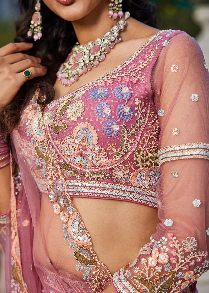Candy Pink Net Lehenga Choli with Coding & Zarkan Work - House of Sarvati LLC