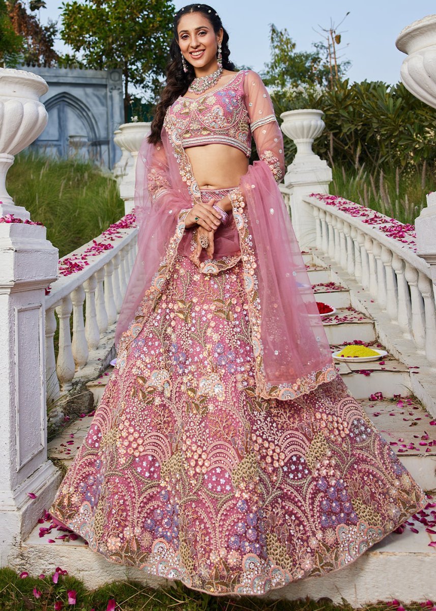 Candy Pink Net Lehenga Choli with Coding & Zarkan Work - House of Sarvati LLC