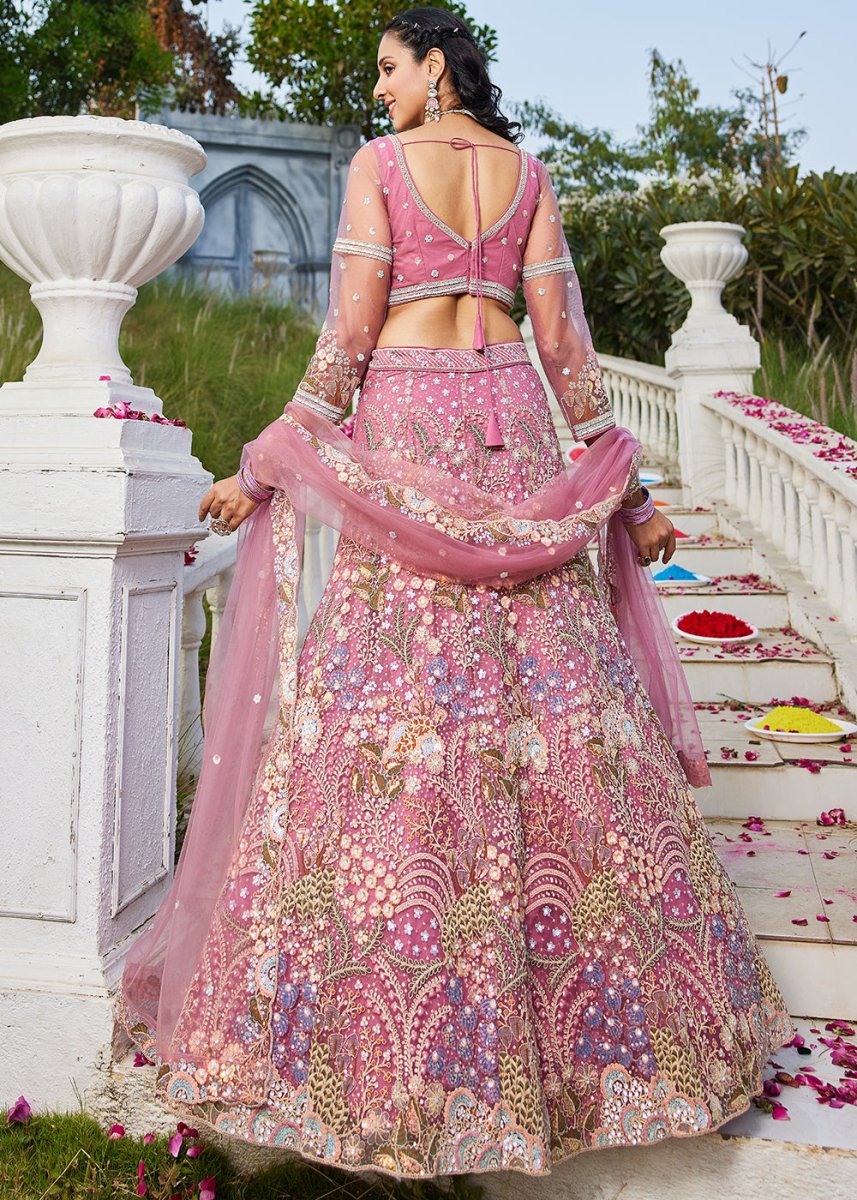 Candy Pink Net Lehenga Choli with Coding & Zarkan Work - House of Sarvati LLC