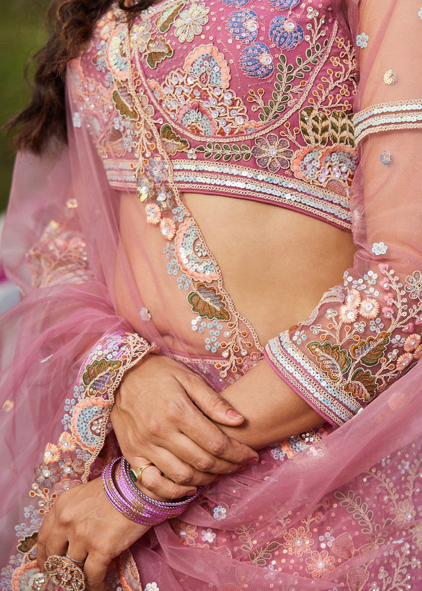 Candy Pink Net Lehenga Choli with Coding & Zarkan Work - House of Sarvati LLC