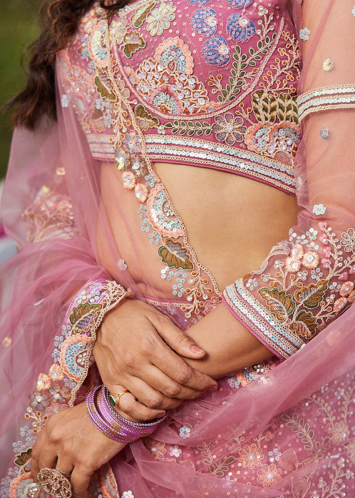 Candy Pink Net Lehenga Choli with Coding & Zarkan Work - House of Sarvati LLC