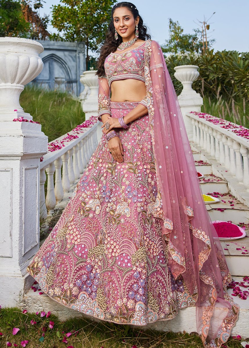 Candy Pink Net Lehenga Choli with Coding & Zarkan Work - House of Sarvati LLC