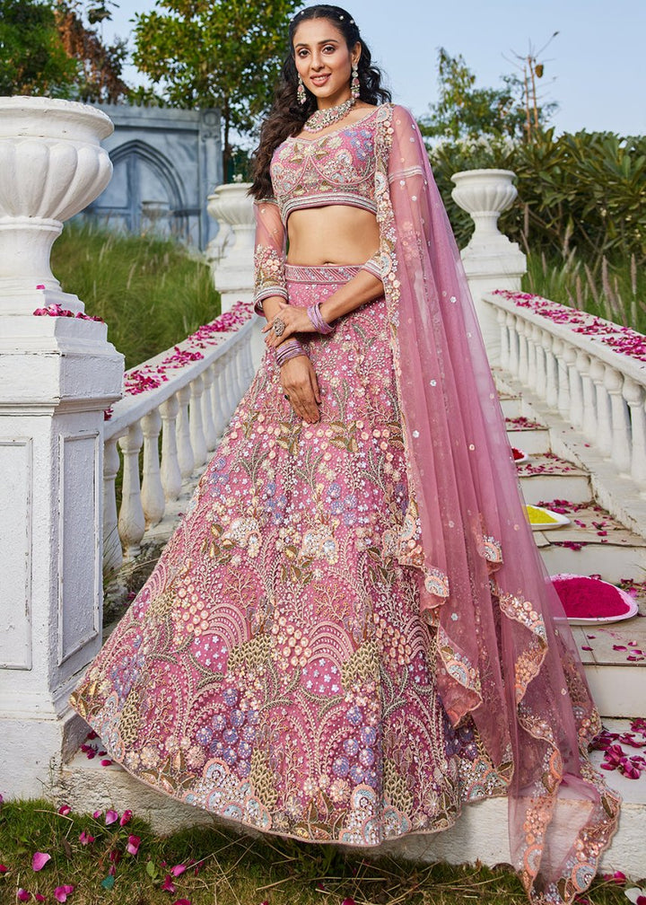 Candy Pink Net Lehenga Choli with Coding & Zarkan Work - House of Sarvati LLC