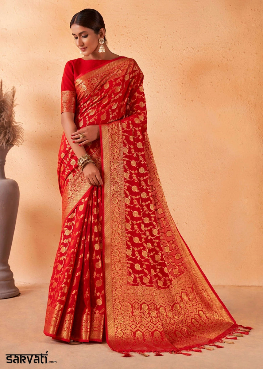 Candy Red Banarasi - Style Saree in Georgette Silk with Zari Embellishments - House of Sarvati LLC